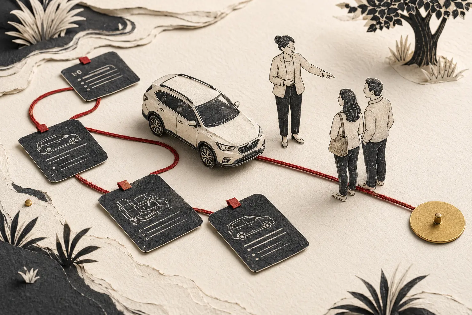 Paper craft diorama of a car following a red thread past finance option tags
