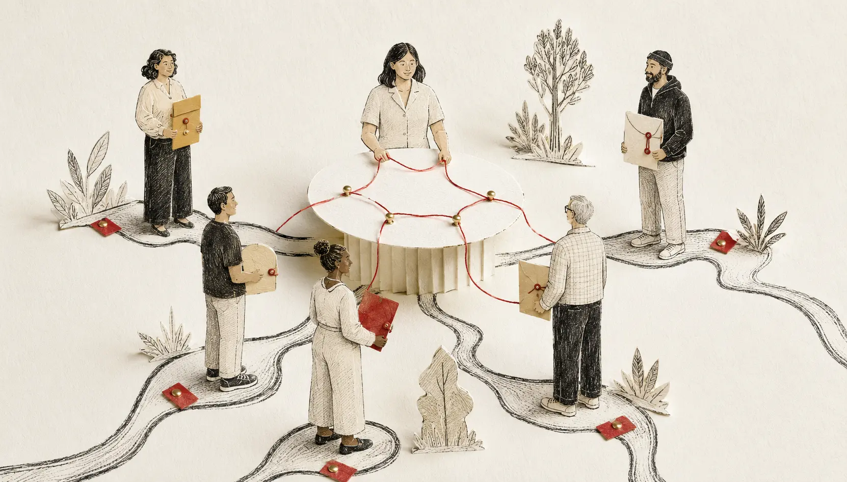Paper craft figures gathered around a table, each joined to it by a red thread