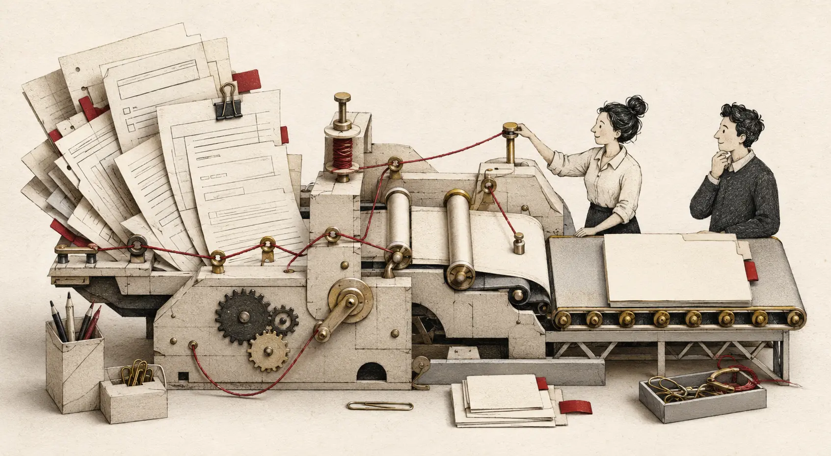 Paper craft machine turning a jumble of documents into one clear file, guided by a red thread