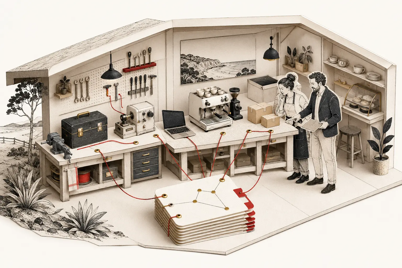 Paper craft diorama of a small business workbench with finance paperwork linked by a red thread