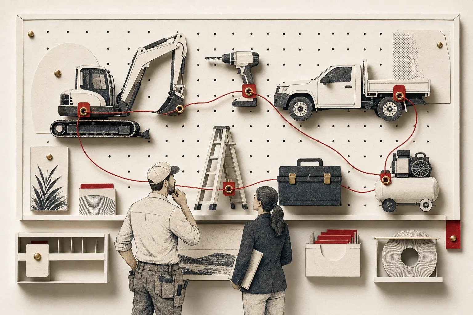 Paper craft tool wall with an excavator, work ute and tools linked by a red thread